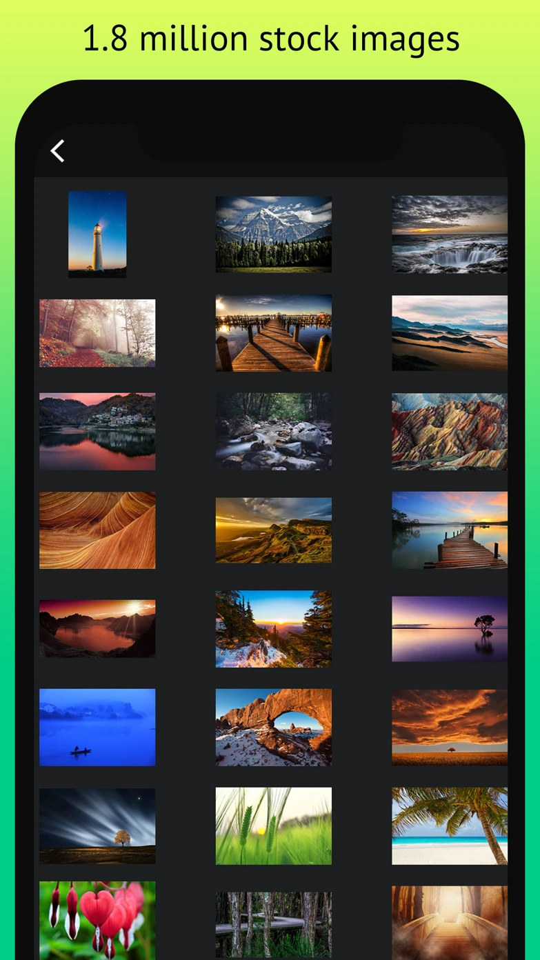 Stock photo browser showing a grid of nature images — lighthouses, mountains, lakes and beaches — under the banner 1.8 million stock images