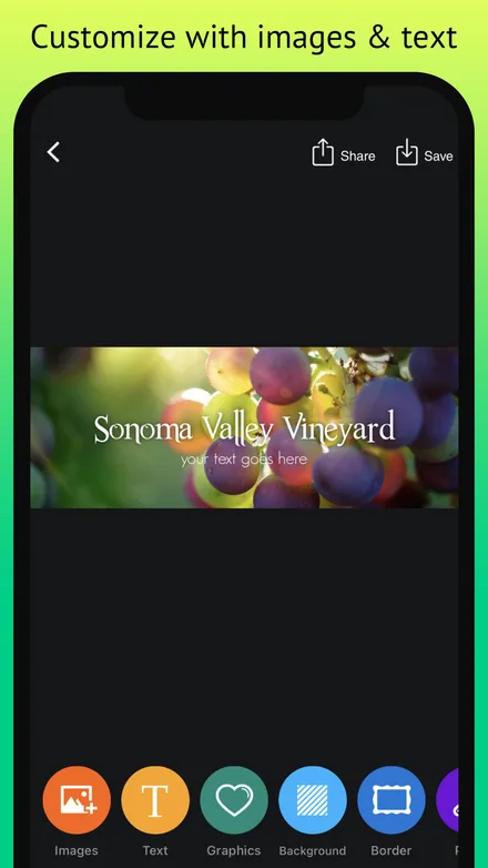 Cover editor with a vineyard banner on the canvas and Images, Text, Graphics, Background and Border tools along the bottom