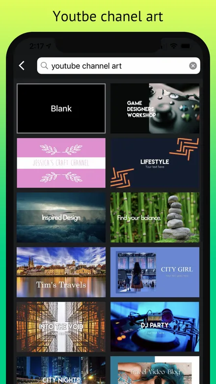 YouTube channel art template gallery with banner designs for gaming, craft, lifestyle, travel and DJ channels